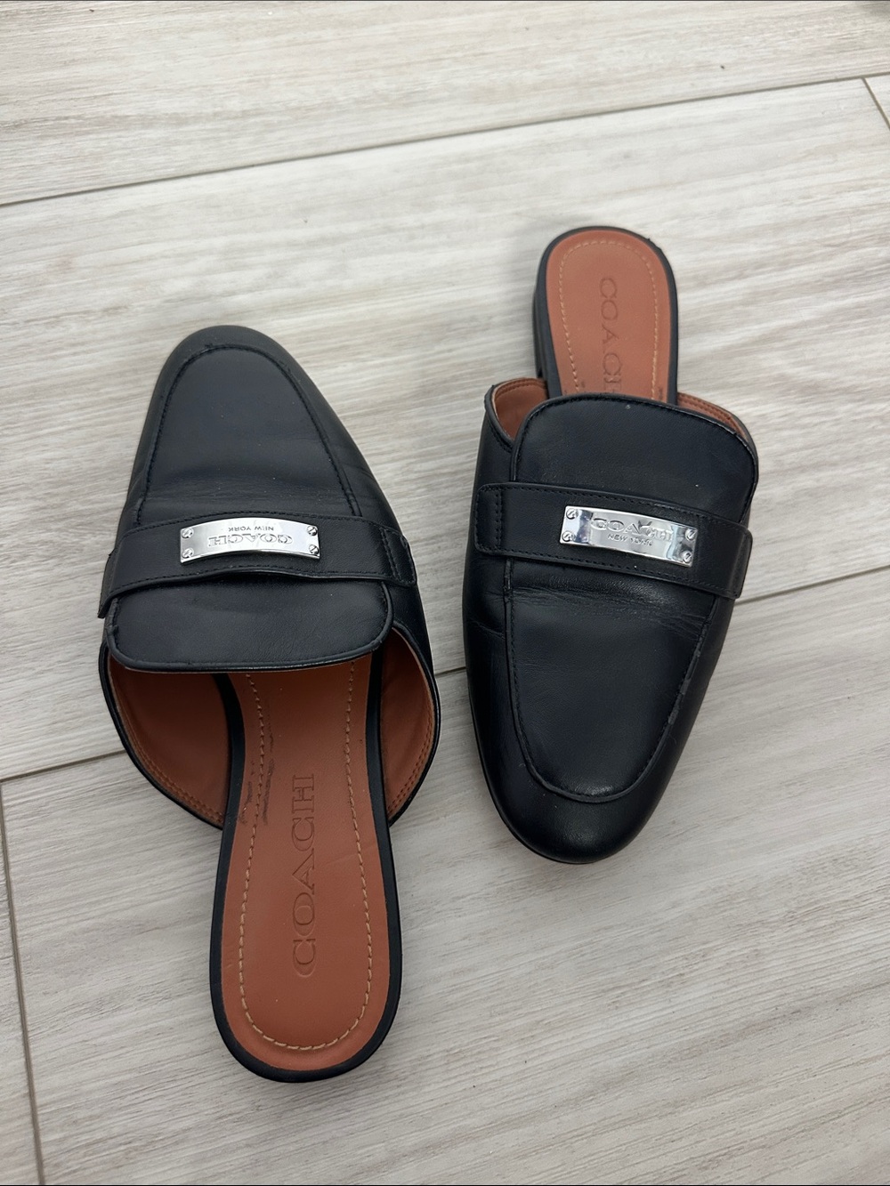COACH Black Leather Slip-On Mules with Silver Plaque - Picture 2 of 6